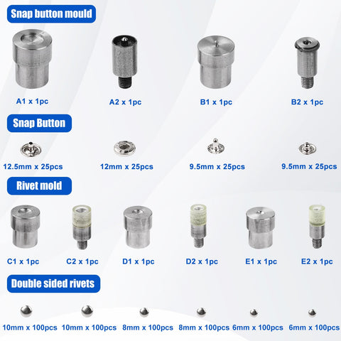 Grab And Go No Fuss All In One Manual Rivet Press Kit components with snap button moulds, snap buttons, rivet mold, and double-sided rivets.