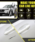 Platinum White Pearl NH-883P Honda Touch Up Paint Kit showing before and after scratch repair on a car door with product features