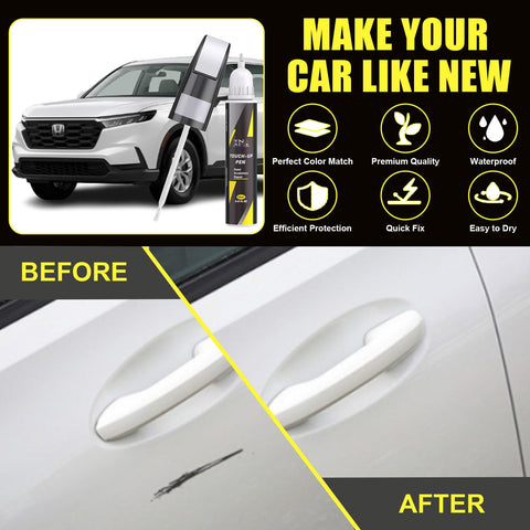 Platinum White Pearl NH-883P Honda Touch Up Paint Kit showing before and after scratch repair on a car door with product features