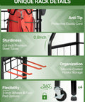 All In One Golf Bag Storage Rack With Wheels, 3 Bag Stand, 0.8-inch steel tubes, silicone hooks, anti-tip cord, 3-inch wheels.