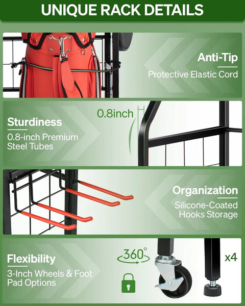 All In One Golf Bag Storage Rack With Wheels, 3 Bag Stand, 0.8-inch steel tubes, silicone hooks, anti-tip cord, 3-inch wheels.