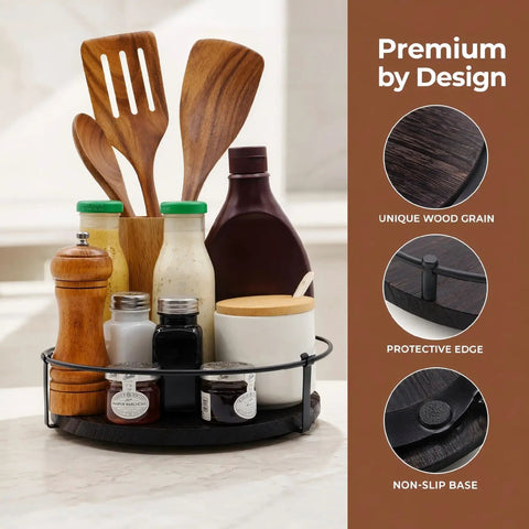Sweetly Spinning 10 Inch Lazy Susan Turntable Organizer For Kitchen Counters Cabinets And Pantries With Silent 360 Swivel Handles And Rugged Wood Metal Build That Works Like A Charm For Spices Oils Bottles And Daily Dinner Prep.