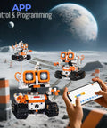 5-In-1 STEM Robotics Kit for Kids 6 Plus With Remote Or App Control Coding Robot on lunar surface with smartphone control