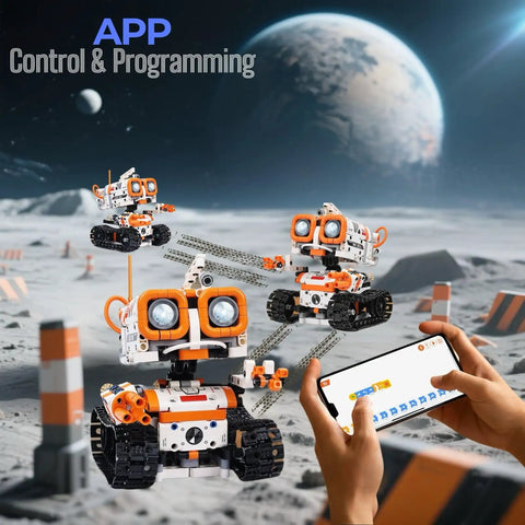 5-In-1 STEM Robotics Kit for Kids 6 Plus With Remote Or App Control Coding Robot on lunar surface with smartphone control