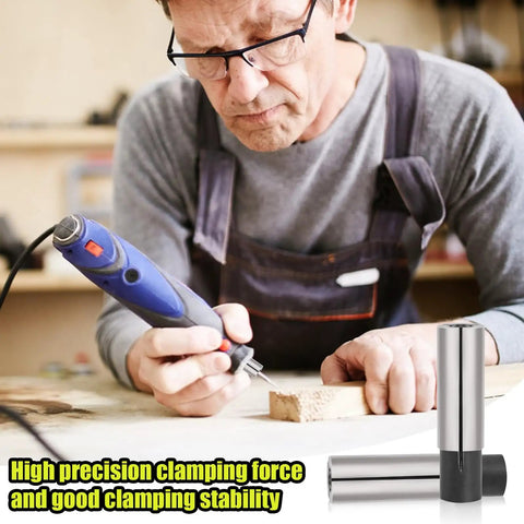 Man using tool with 2 Pack 1/4 To 1/8 Collet Adapter For CNC Lathe And Router Bits, High Carbon Steel Reducer Converter in foreground