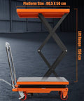 Heavy Duty Hydraulic Lift Table Cart For Material Handling Up To 770 Lbs And 59 Inch Lift Height With Four Wheels Non Slip Pad In Bright Orange side view