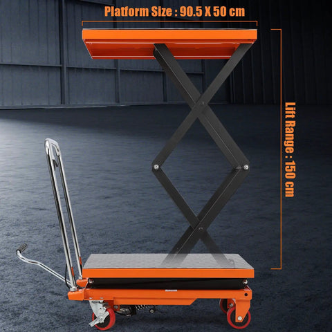 Heavy Duty Hydraulic Lift Table Cart For Material Handling Up To 770 Lbs And 59 Inch Lift Height With Four Wheels Non Slip Pad In Bright Orange side view