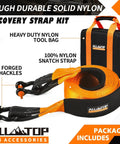 Heavy Duty Tow Strap Recovery Kit With Snatch Strap For Real Tough Jobs 3 Inch By 30 Ft 35000 Lbs Break Strength 12000 Lbs Working Load D Ring Shackles 2 Pack And Storage Bag displayed with orange and black details