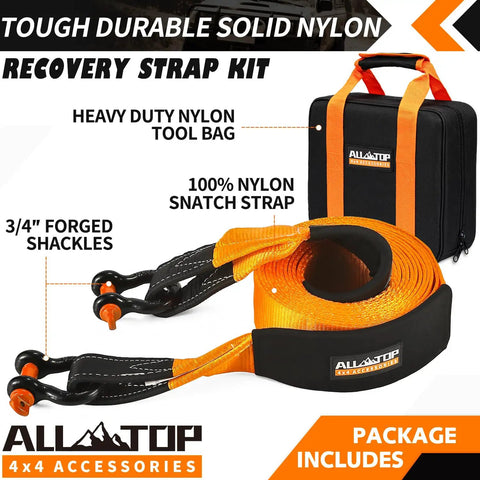 Heavy Duty Tow Strap Recovery Kit With Snatch Strap For Real Tough Jobs 3 Inch By 30 Ft 35000 Lbs Break Strength 12000 Lbs Working Load D Ring Shackles 2 Pack And Storage Bag displayed with orange and black details