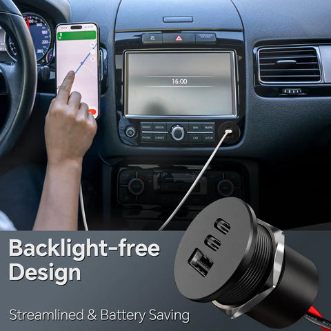 Heavy Duty 78W Triple Port Car Charger Socket Featuring Dual Usb C Fast Charge Plus Single Usb A Plug in car dashboard with phone navigation.