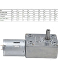 12V DC Worm Gear Motor With CW CCW Rotation, Workhorse Build, Heavy Duty Zinc Alloy Shell, Stainless Steel Shaft, High Temperature And Abrasion Resistant Gearbox Drive For DIY Projects, Robotics, Small Machinery, And Gearbox Applications; side view and specs