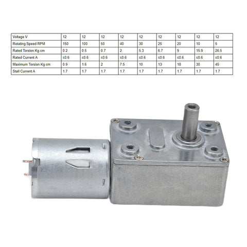 12V DC Worm Gear Motor With CW CCW Rotation, Workhorse Build, Heavy Duty Zinc Alloy Shell, Stainless Steel Shaft, High Temperature And Abrasion Resistant Gearbox Drive For DIY Projects, Robotics, Small Machinery, And Gearbox Applications; side view and specs