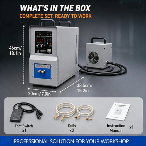 Water Cooled High Frequency Induction Heater For Metal Smelting, Knife Making Brazing And Annealing System image with included foot switch and coils.
