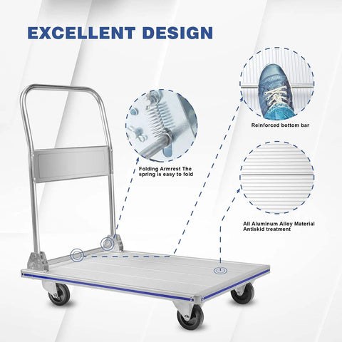 35 Inch Long By 21 Inch Wide Aluminum Platform Truck Foldable Cart With 800 Lb Capacity Workhorse Flatbed Dolly with wheels