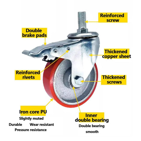 Close-up of Rugged Pro Grade 5 Inch Heavy Duty Stem Caster with dual brake pads and reinforced parts for stability.