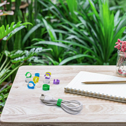 Super Handy Eighty Pack Of Eight Millimeter Numbered Leg Bands in vibrant colors on table with notebook and plants background