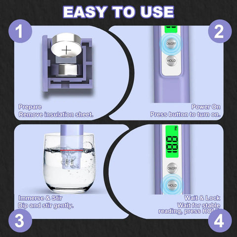 Diagram showing steps to use Water Quality Tester For Drinking Water With Fast Readings From 0 To 9990 PPM.