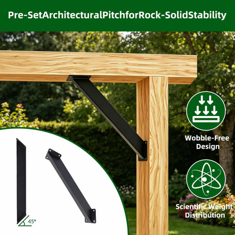 12 Pack 45 Degree Angle Bracket Kit For Wood Pergolas And Outdoor Builds Heavy Duty Carbon Steel Rustproof With Black Powder Finish Built To Last Sturdy Triangular Support That Keeps Beams From Wobbling Universal Wooden Connections. 45° black steel bracket on wood pergola