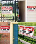 Four warning signs stating '24 Hour Video Surveillance' mounted on a gate, garage, brick wall, and wooden fence.