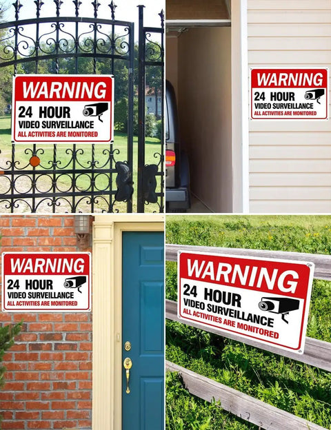 Four warning signs stating '24 Hour Video Surveillance' mounted on a gate, garage, brick wall, and wooden fence.