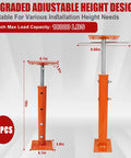Pair Of Adjustable House Floor Jacks Built Tough To Crush Heavy Loads Measures Nineteen To Thirty Eight Inches Tall Secures Eleven Thousand Pounds Each Crafted From Hella Sturdy Steel Featuring Galvanized Tops Welded Base Platforms And Bold Orange.