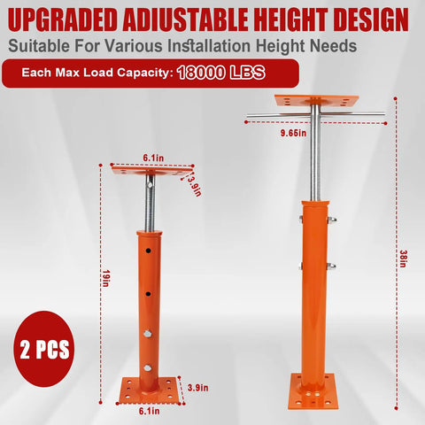 Pair Of Adjustable House Floor Jacks Built Tough To Crush Heavy Loads Measures Nineteen To Thirty Eight Inches Tall Secures Eleven Thousand Pounds Each Crafted From Hella Sturdy Steel Featuring Galvanized Tops Welded Base Platforms And Bold Orange.