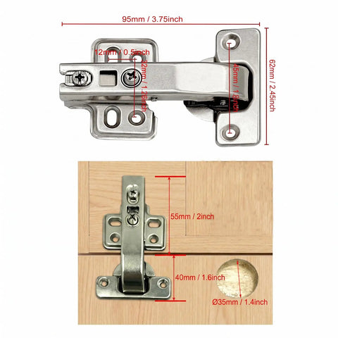 90 Degree Soft Close Cabinet Hinges for Blind Corner Cabinets, Detachable Chrome Finish Kitchen Door Hardware with measurements