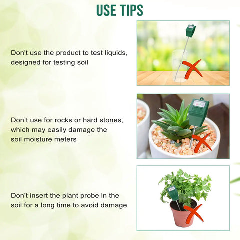 Infographic of Six Pack Digital Soil Moisture Meters With Long Probes No Battery Required showing tips for proper usage in gardening.