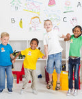 Children wearing Retro Groovy Floral Name Tag Stickers With Daisy Flower Nameplates in classroom, showcasing colorful designs.