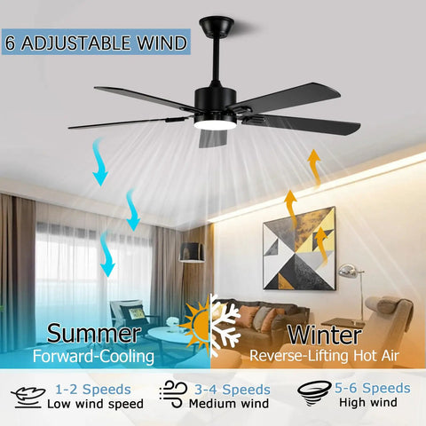 52 Inch Modern Ceiling Fan With Lights App Remote Control Low Profile Reversible DC Motor 6 Speeds Living Room Black