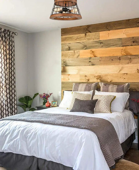 Round Wood Ceiling Light Fixture, Rustic Drum Flush Mount With Brown Oak Finish And Black Metal Wire Cage in bedroom