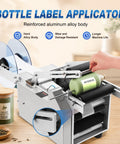 No Fuss Semi Automatic Round Bottle Labeler With Ergonomic Push Lever churns out labels on cylindrical bottles, featuring aluminum alloy body.