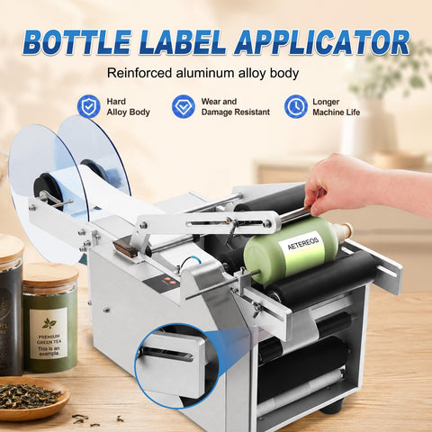 No Fuss Semi Automatic Round Bottle Labeler With Ergonomic Push Lever churns out labels on cylindrical bottles, featuring aluminum alloy body.