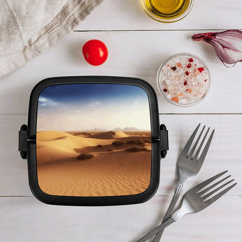 Desert Landscape Stackable Bento Box With Spoon And Handle For Work Travel, featuring desert print on lunch box top view.