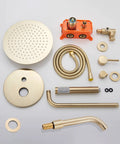 UMJIGF Shower System Brushed Gold Bathroom Shower Faucet Set components including round shower head and brass parts.