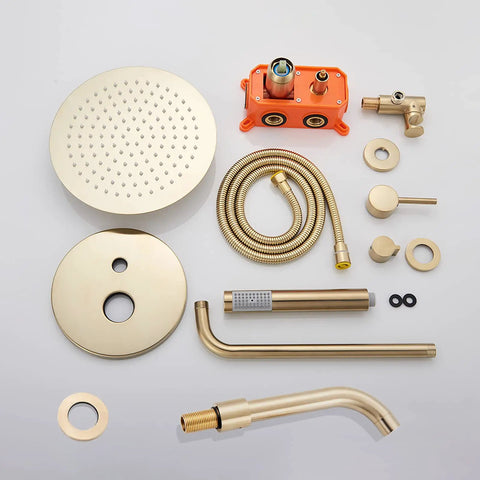 UMJIGF Shower System Brushed Gold Bathroom Shower Faucet Set components including round shower head and brass parts.
