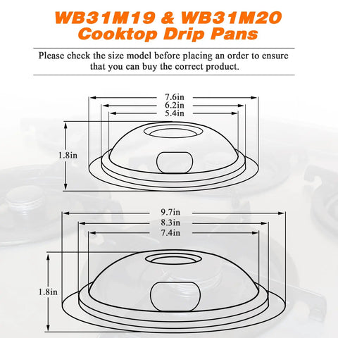 Diagram showing dimensions for porcelain drip pans compatible with GE Hotpoint ranges, including 6-inch and 8-inch pan sizes.
