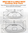 Diagram showing dimensions of porcelain drip pan set for GE Hotpoint electric range cooktop, 4 pack with 2 six and 2 eight-inch pans.
