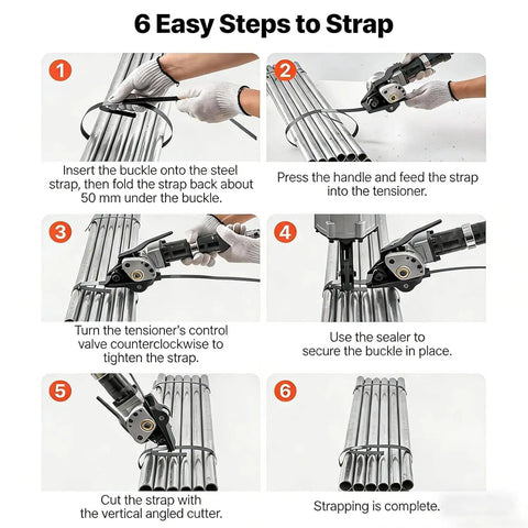 Pneumatic Steel Strapping Tool For Heavy Duty Packaging, 8500N Tension, step-by-step usage guide with metal straps.
