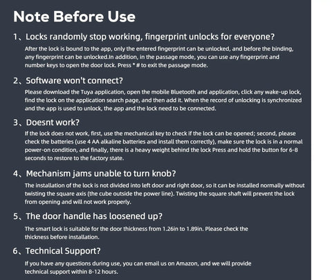 Instruction guide for 5 In 1 Fingerprint Smart Lock With Biometric Access, addressing common troubleshooting questions.