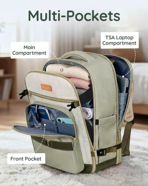 Layover-Ready Underseat Travel Backpack For Airlines With 2 Packing Cubes, Dirt-Resistant 35L, open showing compartments, green.