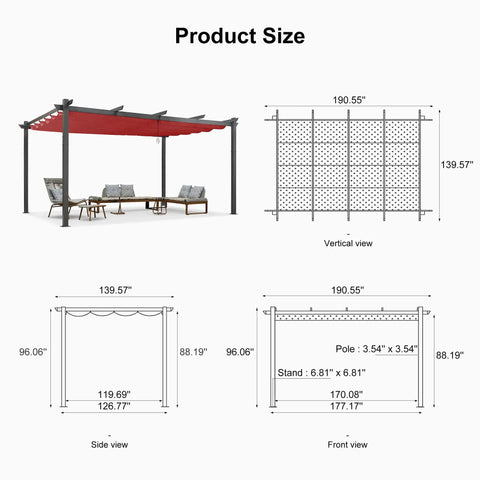Aluminum Patio Pergola With Smooth Retractable Canopy 12 By 16 Feet Weather Resistant Cover For Your Chill Hangout Space dimensions and layout