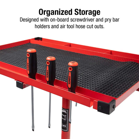 Close-up of Heavy Duty Adjustable Work Table with Red Drawer and Steel Frame showing organized storage feature.
