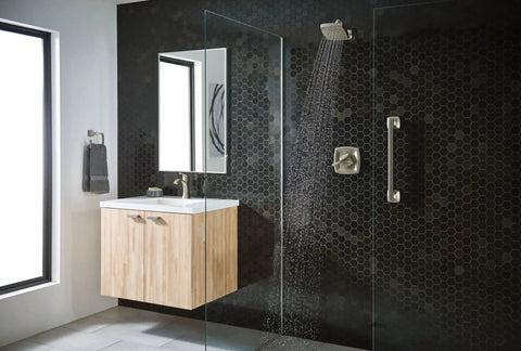 Modern bathroom with Oil-Rubbed Bronze 18-Inch Stainless Steel Bathroom Grab Bar For Safety And Accessibility in shower