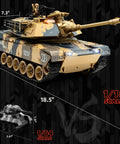 1/18 Scale US M1A2 Abrams RC Tank With 2.4GHz Radio, Smoke, Sound, LEDs, Recoil shown with size comparisons and dimensions