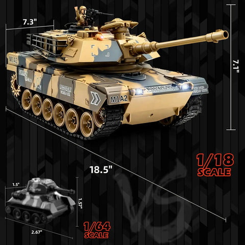 1/18 Scale US M1A2 Abrams RC Tank With 2.4GHz Radio, Smoke, Sound, LEDs, Recoil shown with size comparisons and dimensions
