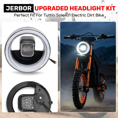 Upgraded Headlight Kit For Tuttio Soleil01 Electric Drit Bike with Plug N Play LED Front Lamp and mount bracket.