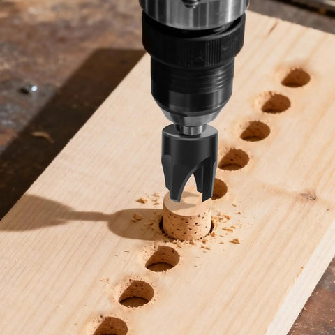 Top Notch Eight Piece Wood Plug Cutter Drill Bit Set Made From Tough Carbon Steel drilling a wood plug on a wooden surface.