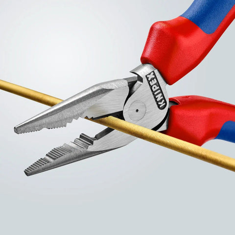 Needle Nose Combination Pliers 5.71 Inch With Soft Handle cutting brass rod, featuring slim head and anti twist pointed jaws in use