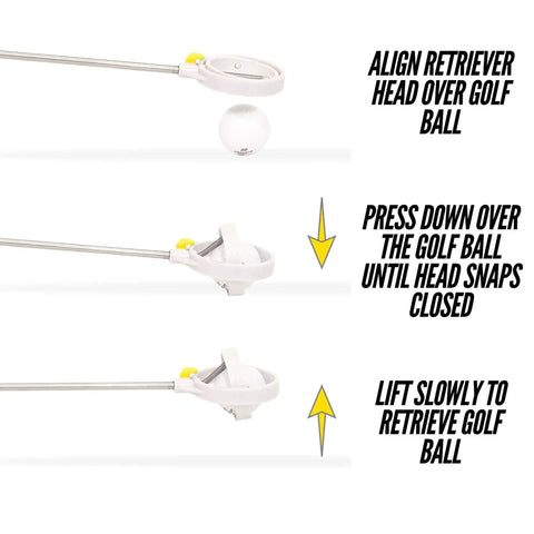 Compact Stainless Steel Golf Ball Retriever with 10-Foot Length and 14-Foot Reach demonstrating ball retrieval process